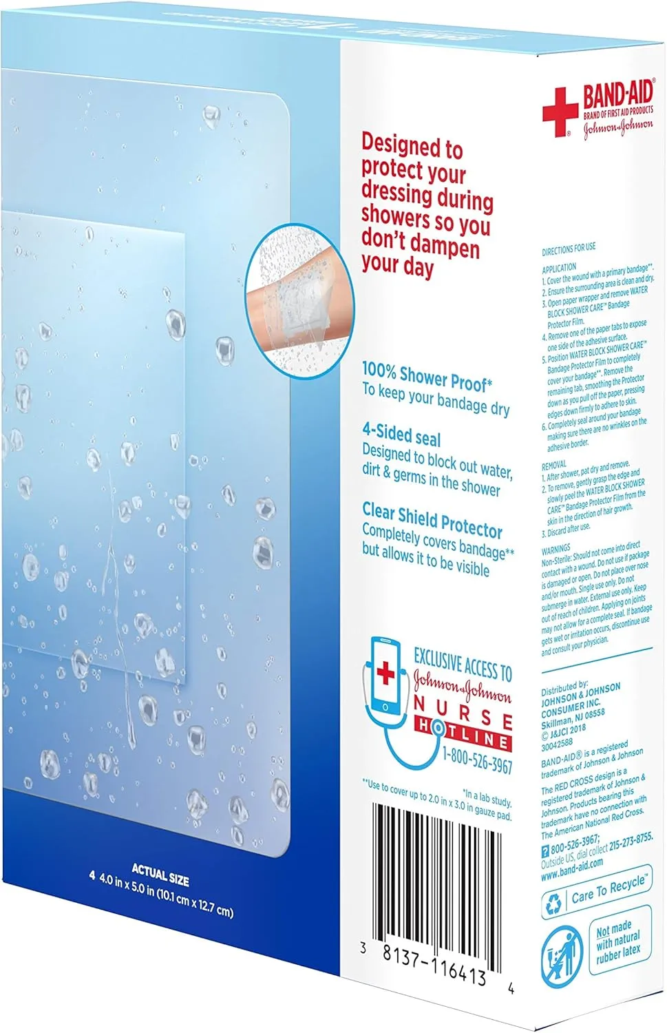 Band-Aid Brand First Aid Water Block Shower Care Clear Bandage Protector, Medium-Sized, 4 ct