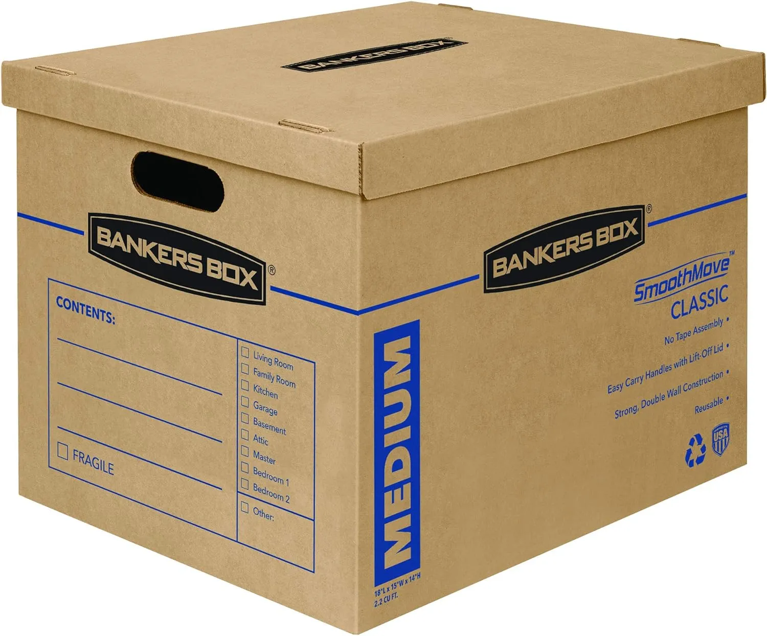Bankers Box Medium Classic Moving Box 10 Pack, Reinforced Handles, Tape-Free Assembly, Box with Lid, 19-in x 14.5-in x 15.5-in (8817201)