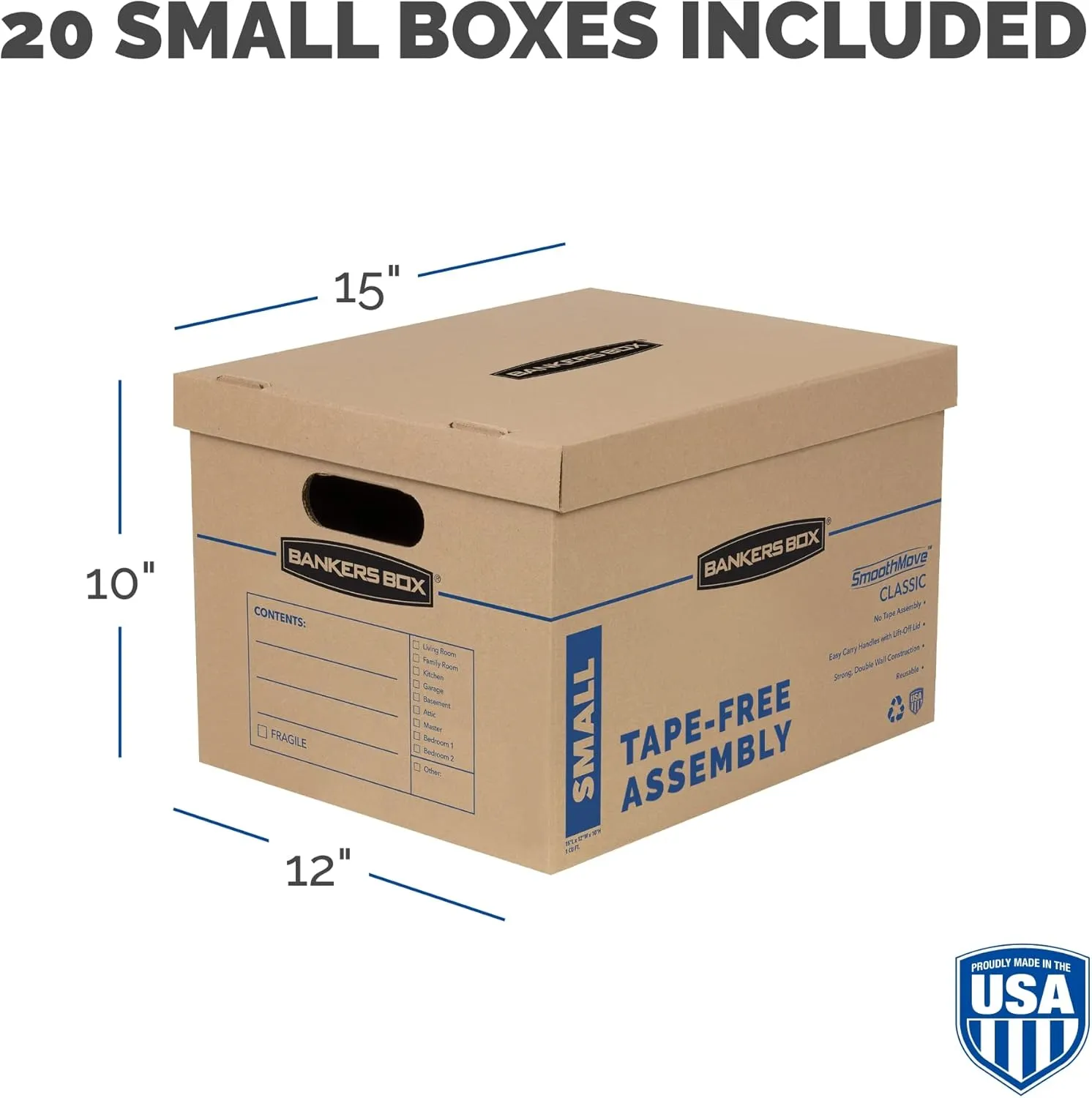 Bankers Box Small Classic Moving Box 20 Pack, Reinforced Handles, Tape-Free Assembly, Box with Lid, 15-in x 12-in x 10-in (7714210)