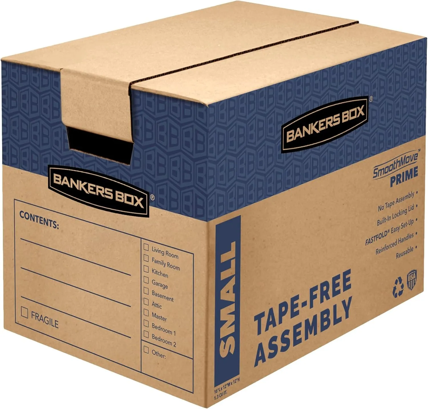 Bankers Box Small Prime Moving Box 10 Pack, Reinforced Handles, Tape-Free Assembly, Attached Lid, 16-in x 12-in x 12-in (0062716)