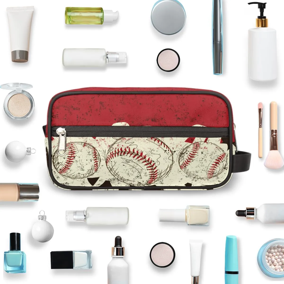 Bardic Retro Baseball Travel Toiletry Bag for Boys Men, Waterproof Hanging Dopp Kit for Women, Shaving Bag with Large Capacity for Travel,Sports Shower (Red)