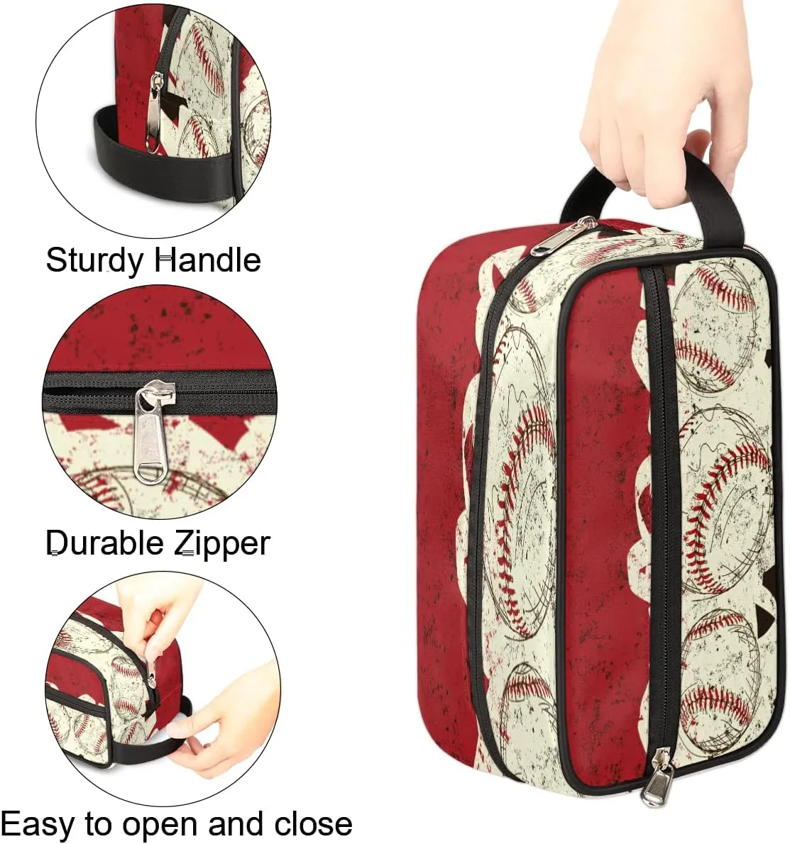 Bardic Retro Baseball Travel Toiletry Bag for Boys Men, Waterproof Hanging Dopp Kit for Women, Shaving Bag with Large Capacity for Travel,Sports Shower (Red)