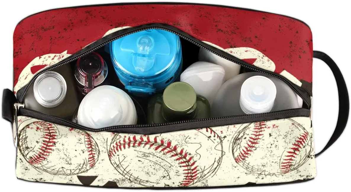Bardic Retro Baseball Travel Toiletry Bag for Boys Men, Waterproof Hanging Dopp Kit for Women, Shaving Bag with Large Capacity for Travel,Sports Shower (Red)