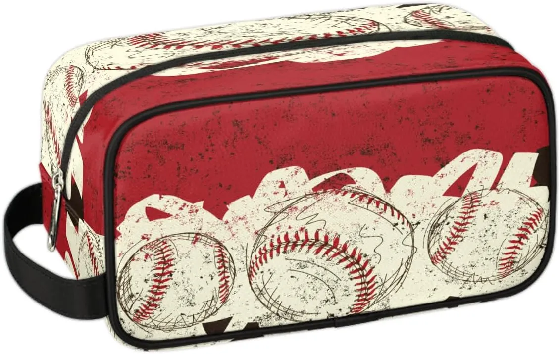 Bardic Retro Baseball Travel Toiletry Bag for Boys Men, Waterproof Hanging Dopp Kit for Women, Shaving Bag with Large Capacity for Travel,Sports Shower (Red)