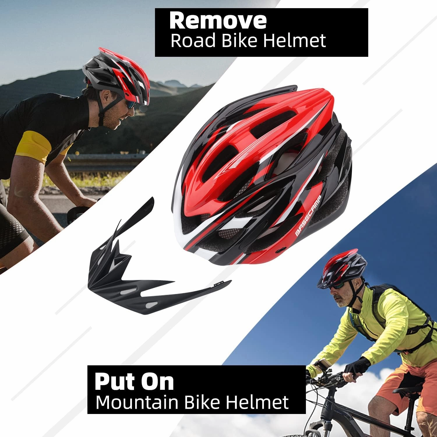 Basecamp Bike Helmet for Women Men with LED Safety Light Removable Sun Visor Lightweight Bicycle Helmet Adjustable Breathable Mountain & Road Cycling Helmets for Adult