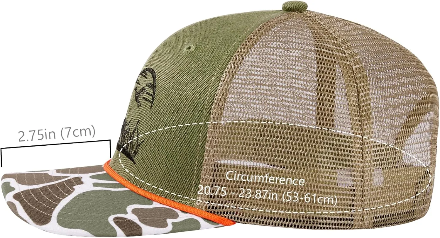 BASSDASH Camo Rope Trucker Hat Adjustable Embroidered Baseball Cap Mesh Back for Duck Deer Hunting Fly Fishing Camping