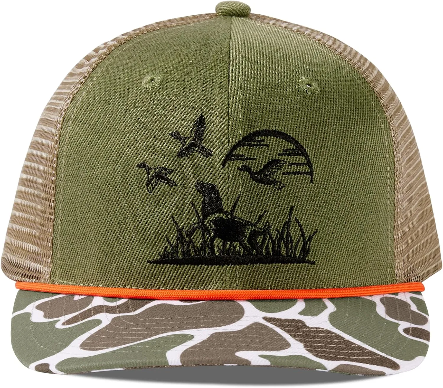 BASSDASH Camo Rope Trucker Hat Adjustable Embroidered Baseball Cap Mesh Back for Duck Deer Hunting Fly Fishing Camping