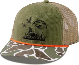 BASSDASH Camo Rope Trucker Hat Adjustable Embroidered Baseball Cap Mesh Back for Duck Deer Hunting Fly Fishing Camping