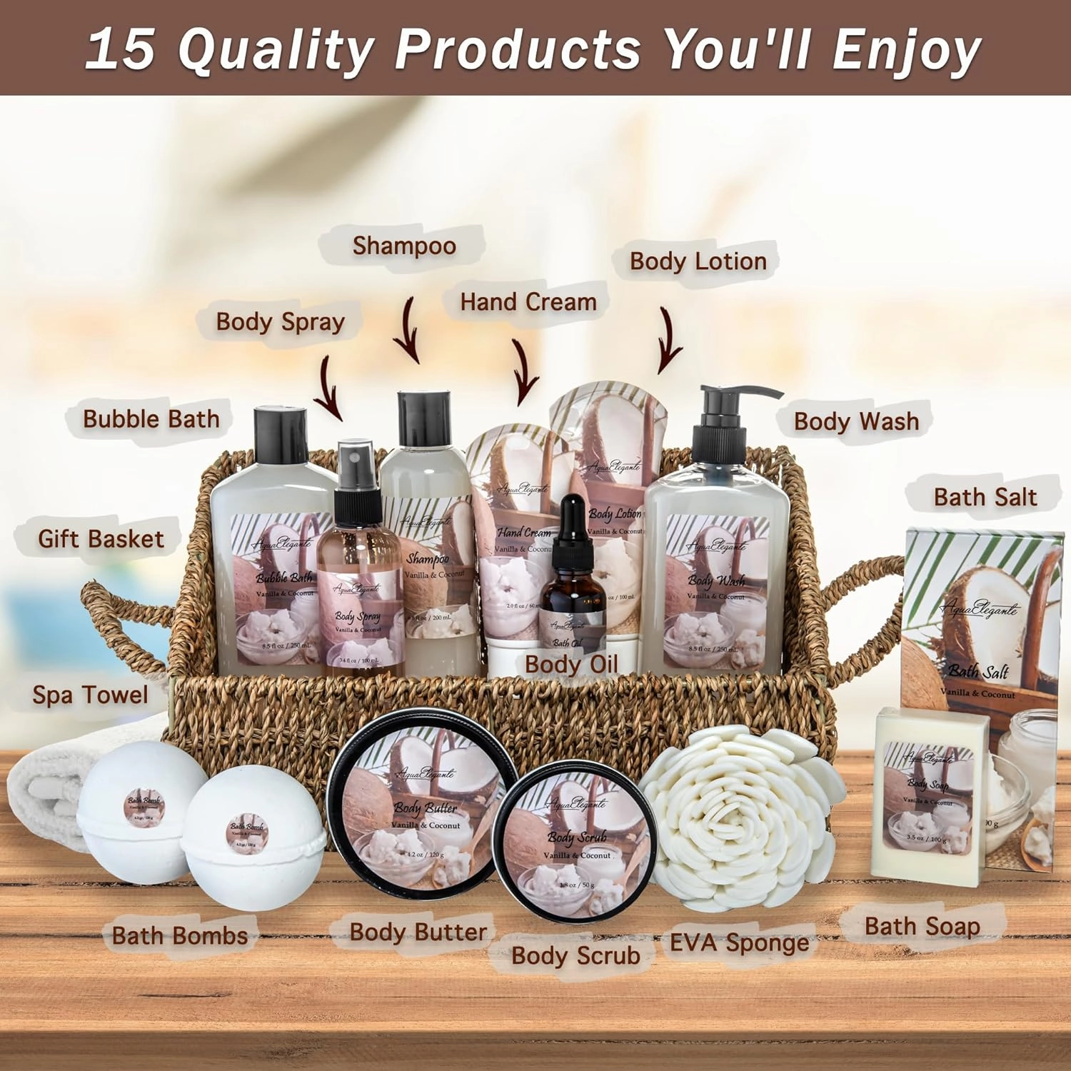 Bath Spa Gift Sets - Luxury Basket With Coconut & Vanilla - Spa Kit Includes Wash, Bubble Bath, Lotion, Bath Salts, Body Scrub, Shower Puff, Bathbombs, Soap in Wooden Basket