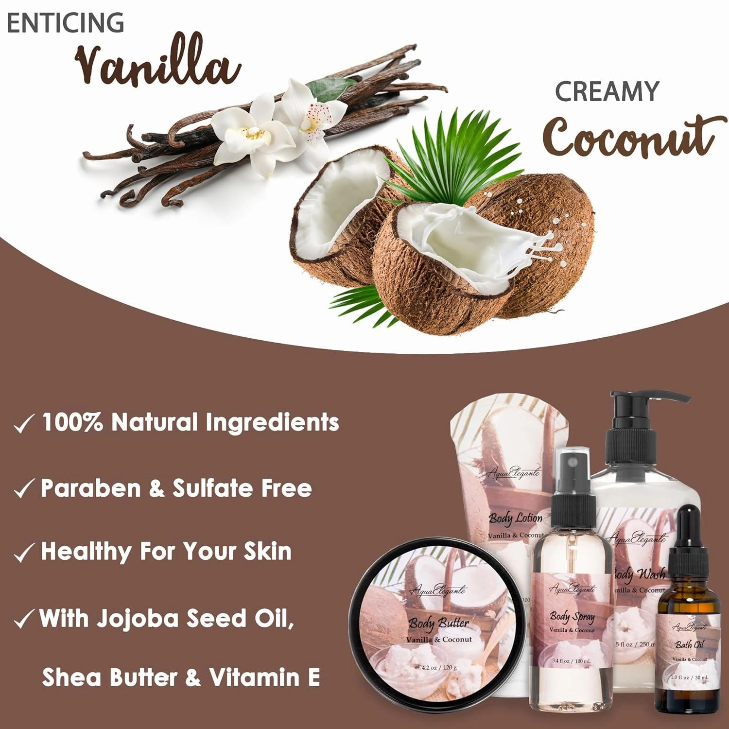 Bath Spa Gift Sets - Luxury Basket With Coconut & Vanilla - Spa Kit Includes Wash, Bubble Bath, Lotion, Bath Salts, Body Scrub, Shower Puff, Bathbombs, Soap in Wooden Basket