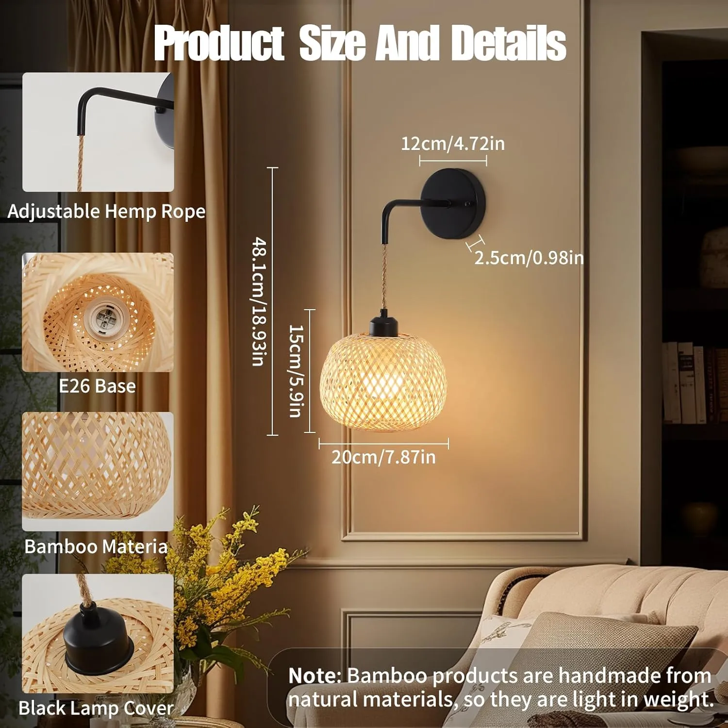 Battery Operated Wall Sconce Set of Two, Bamboo Rechargeable Wireless Sconces with Remote, Dimmable Non-Hardwired Farmhouse Boho Wall Lights for Bedroom Living Room (Black)