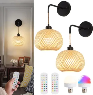 Battery Operated Wall Sconce Set of Two, Bamboo Rechargeable Wireless Sconces with Remote, Dimmable Non-Hardwired Farmhouse Boho Wall Lights for Bedroom Living Room (Black)