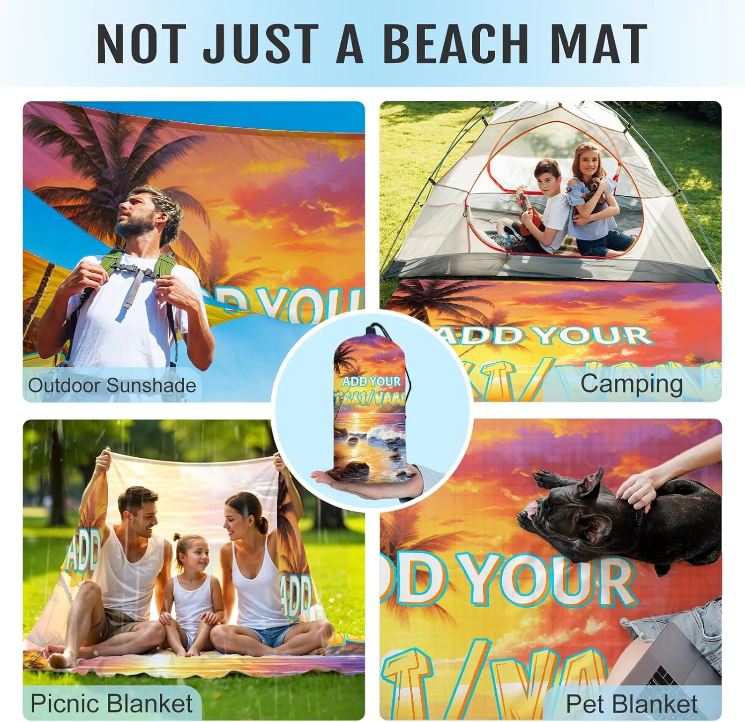 Beach Blanket, Personalized Waterproof Foldable Sandproof Beach Mat for Party Travel Hiking Camping Carpet, 79”x87” Portable Custom Beach Blanket with Bag