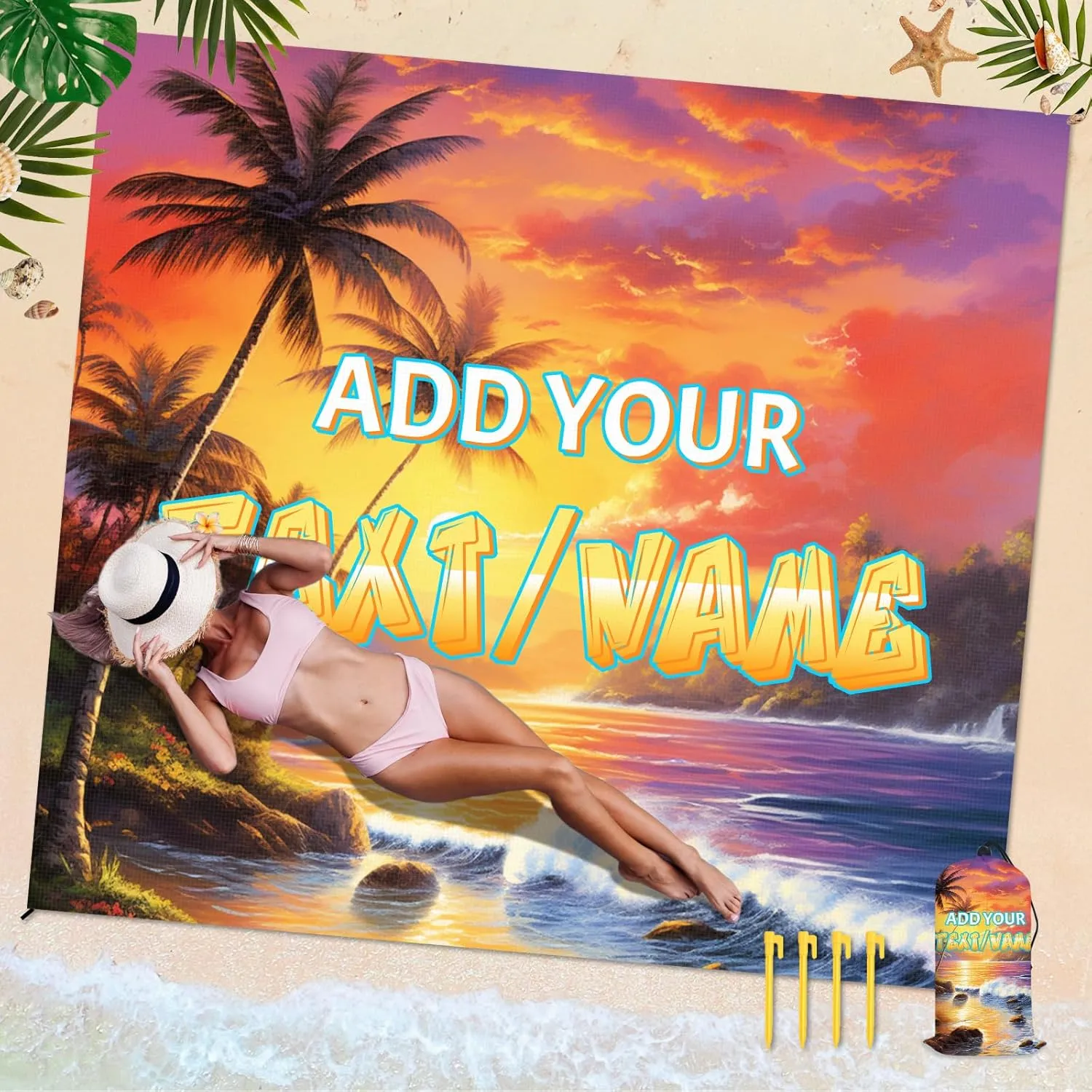 Beach Blanket, Personalized Waterproof Foldable Sandproof Beach Mat for Party Travel Hiking Camping Carpet, 79”x87” Portable Custom Beach Blanket with Bag