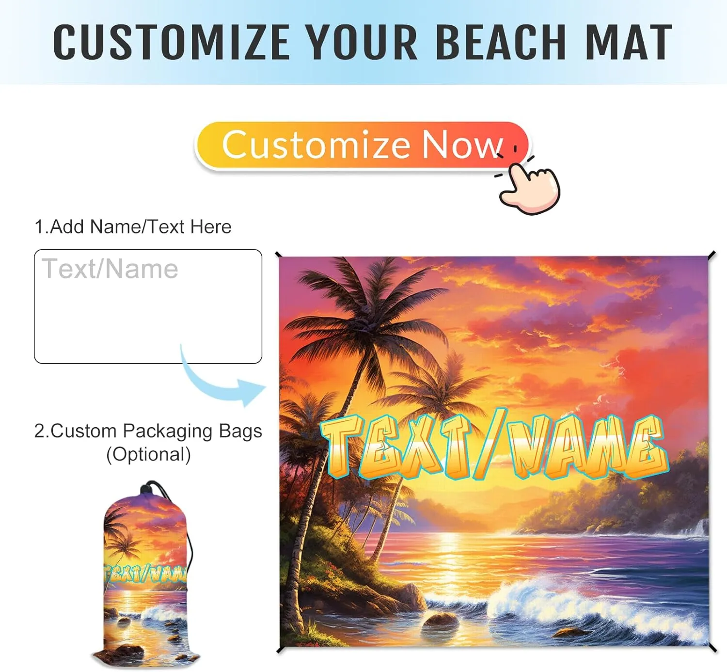Beach Blanket, Personalized Waterproof Foldable Sandproof Beach Mat for Party Travel Hiking Camping Carpet, 79”x87” Portable Custom Beach Blanket with Bag