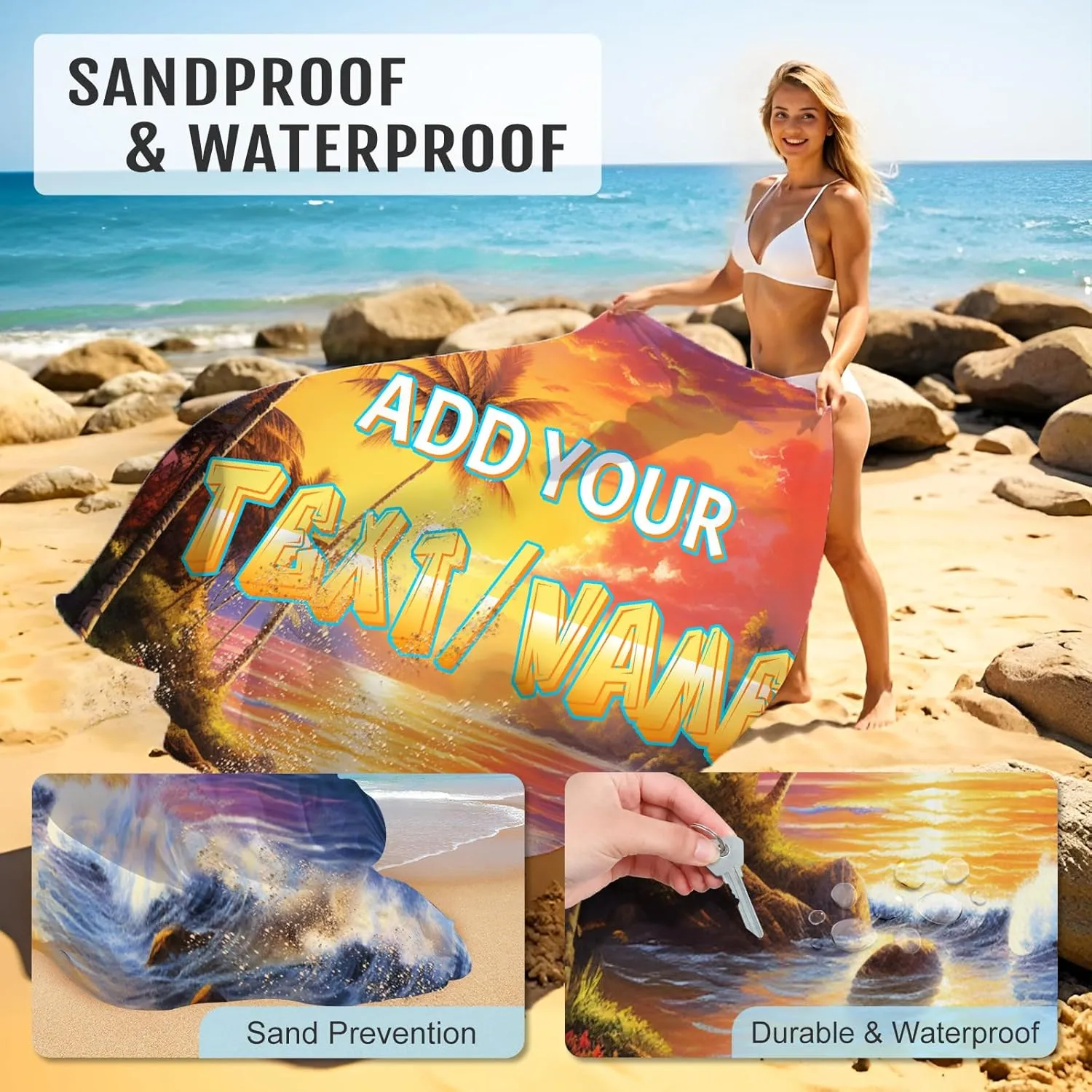 Beach Blanket, Personalized Waterproof Foldable Sandproof Beach Mat for Party Travel Hiking Camping Carpet, 79”x87” Portable Custom Beach Blanket with Bag