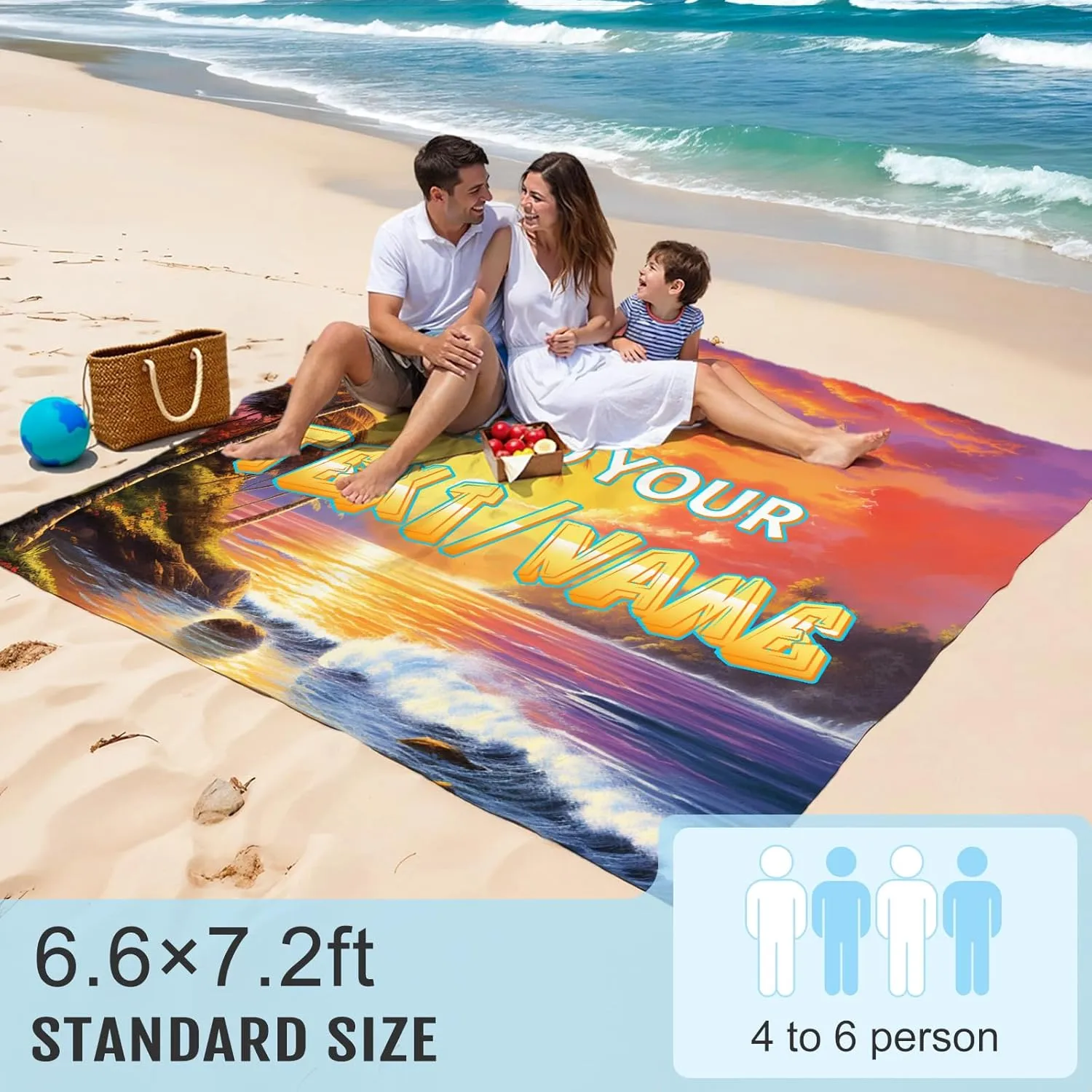 Beach Blanket, Personalized Waterproof Foldable Sandproof Beach Mat for Party Travel Hiking Camping Carpet, 79”x87” Portable Custom Beach Blanket with Bag