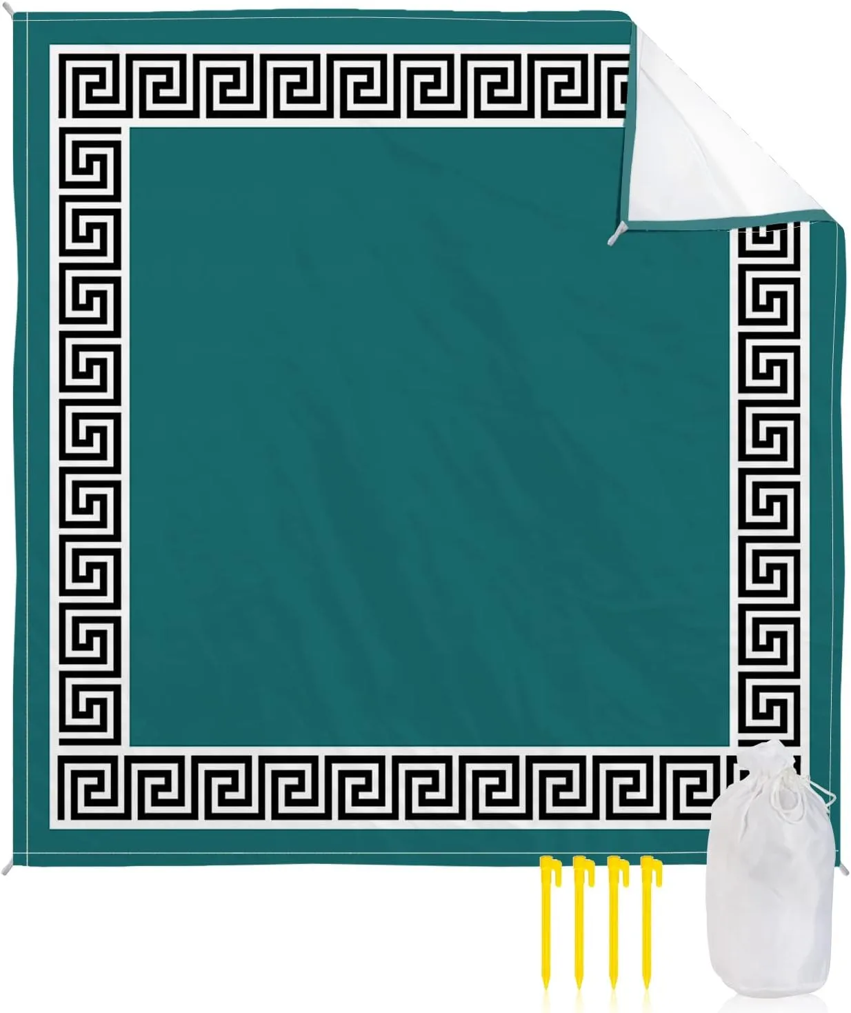 Beach Blanket Sandproof, Chinese Style Pattern Turquoise Teal Background Waterproof Beach Mat Lightweight Quick Drying Picnic Blanket Beach Essentials for Travel Camping Hiking 95x80in