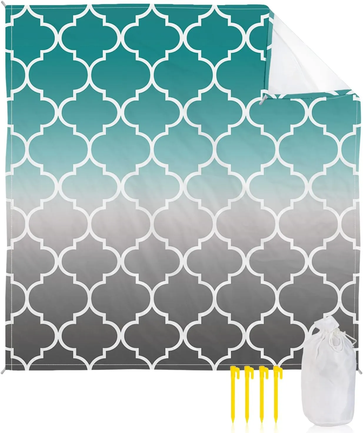Beach Blanket Sandproof, Cyan Turquoise Gray Gradient Morocco Pattern Waterproof Beach Mat Lightweight Quick Drying Picnic Blanket Beach Essentials for Travel Camping Hiking 95x80in