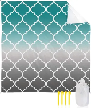 Beach Blanket Sandproof, Cyan Turquoise Gray Gradient Morocco Pattern Waterproof Beach Mat Lightweight Quick Drying Picnic Blanket Beach Essentials for Travel Camping Hiking 95x80in