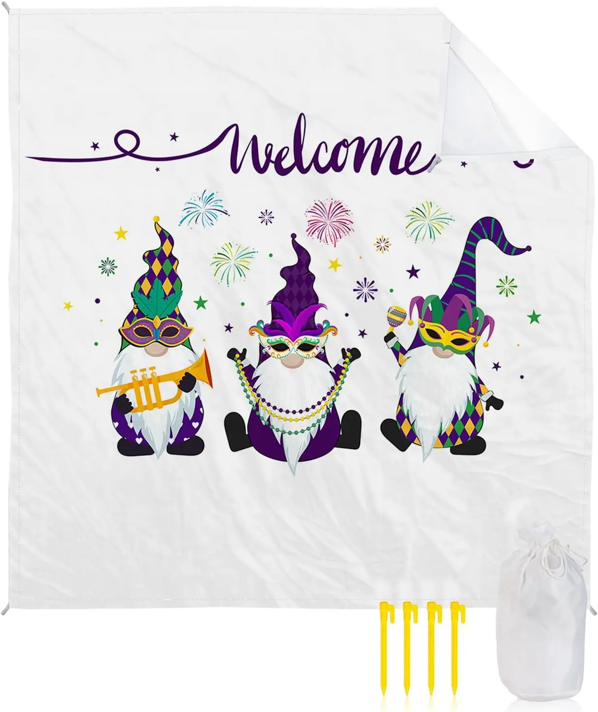 Beach Blanket Sandproof, Happy Carnival Gnomes Waterproof Beach Mat Lightweight Quick Drying Picnic Blanket Beach Essentials for Travel Camping Hiking 108x84in