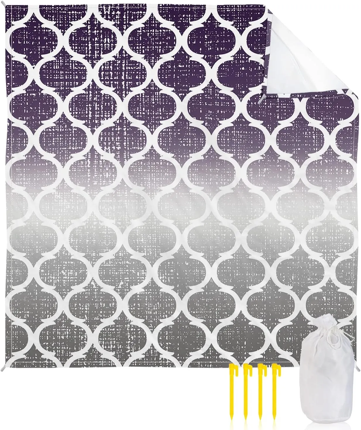 Beach Blanket Sandproof, Purple Gray Gradient Morocco Pattern Waterproof Beach Mat Lightweight Quick Drying Picnic Blanket Beach Essentials for Travel Camping Hiking 108x84in