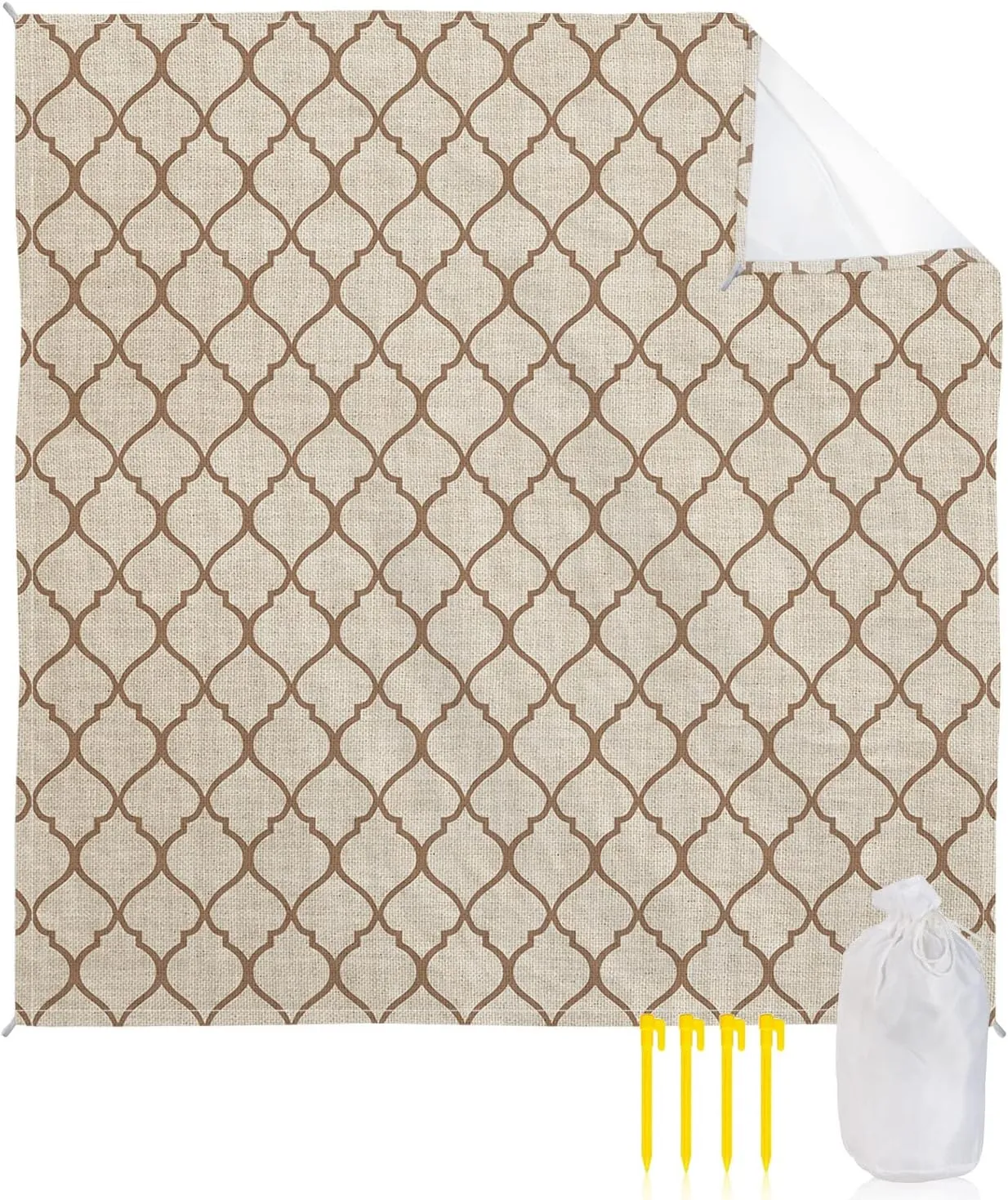 Beach Blanket Sandproof, Rustic Moroccan Geometric Quatrefoil Khaki Lattice Waterproof Beach Mat Lightweight Quick Drying Picnic Blanket Beach Essentials for Travel Camping Hiking 118x108in