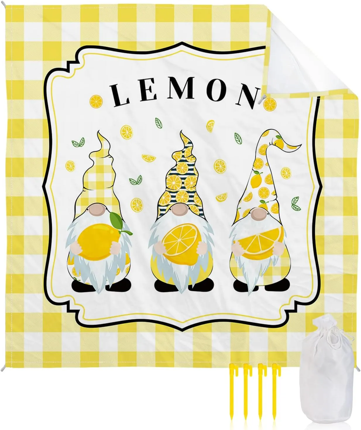 Beach Blanket Sandproof, Summer Lemon Yellow Plaid Waterproof Beach Mat Lightweight Quick Drying Picnic Blanket Beach Essentials for Travel Camping Hiking 118x108in