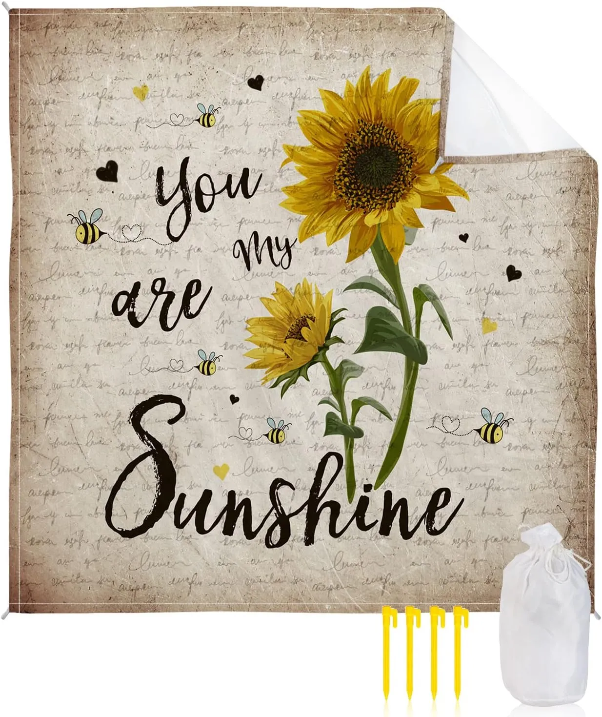 Beach Blanket Sandproof, You are My Sunshine Sunflower Retro Flower Pattern Waterproof Beach Mat Lightweight Quick Drying Picnic Blanket Beach Essentials for Travel Camping Hiking 95x80in