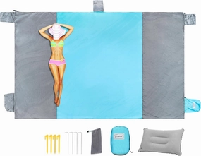 Beach Blanket Sandfree 10x9 ft Extra Large Size Waterproof Sandproof Travel Map for 7 Adults Outdoor Portable Accessories Camping Hiking Mat W/ 7 sand pockets, 1 storage Pockets & Inflatable Pillow
