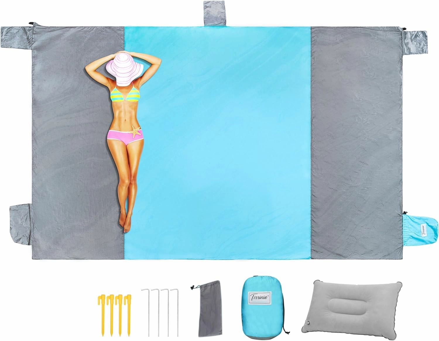 Beach Blanket Sandfree 10x9 ft Extra Large Size Waterproof Sandproof Travel Map for 7 Adults Outdoor Portable Accessories Camping Hiking Mat W/ 7 sand pockets, 1 storage Pockets & Inflatable Pillow