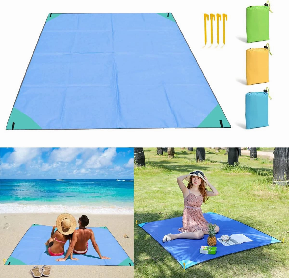 Beach Blanket Sandproof 79" x 59" Large Beach Mat Outdoor Picnic Blanket Compact Lightweight Waterproof Quick Drying Oxford Picnic Mat for Adults Travel Camping Hiking Music Festivals (Yellow)