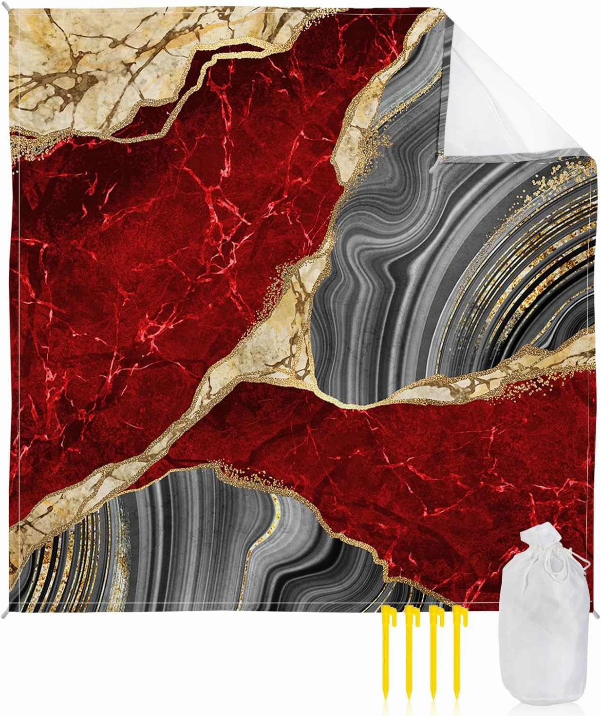 Beach Blanket Sandproof, Abstract Red Grey Gold Marble Waterproof Beach Mat Lightweight Quick Drying Picnic Blanket Beach Essentials for Travel Camping Hiking 108x84in