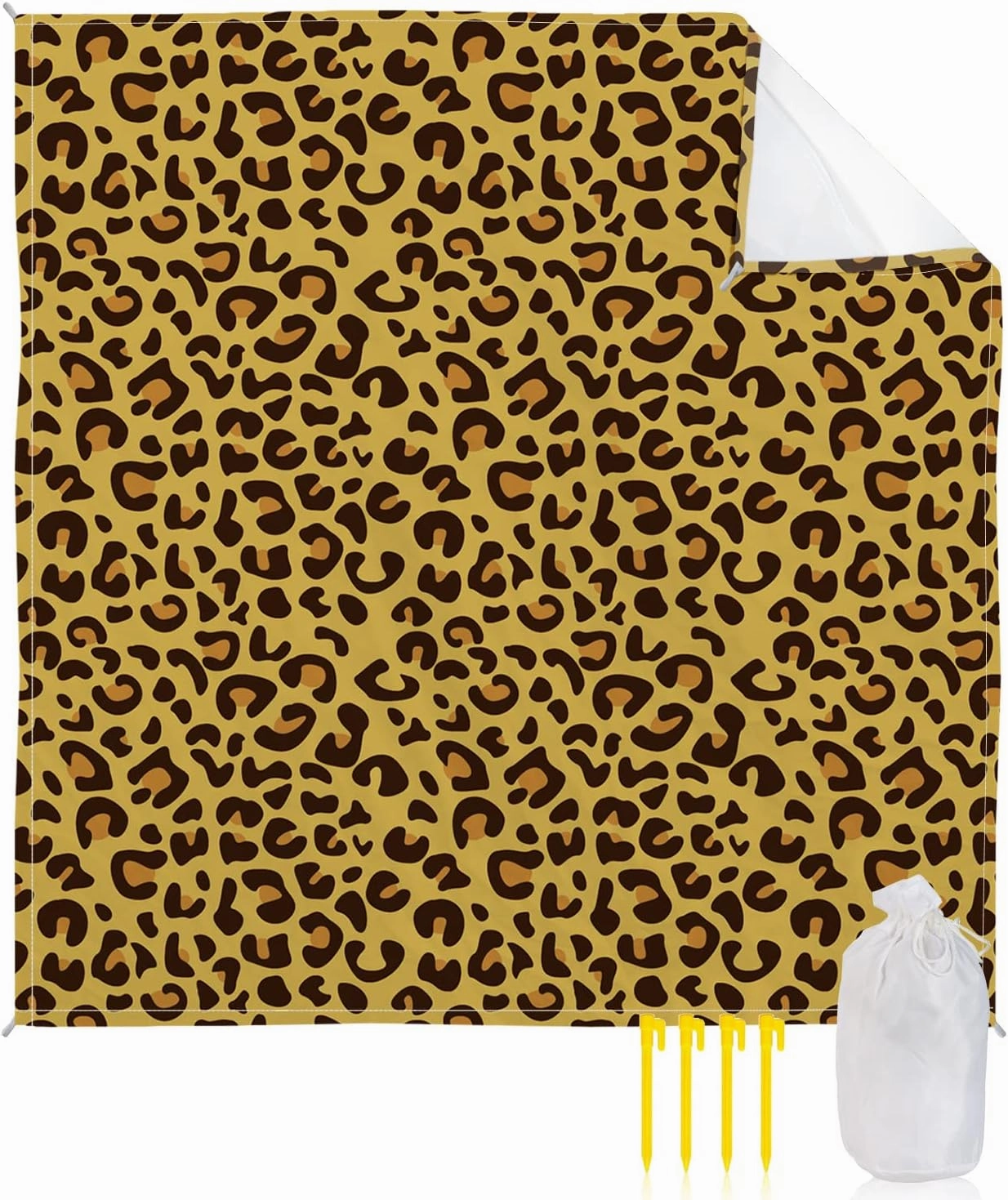 Beach Blanket Sandproof, Animal Skin Texture Yellow Leopard Print Waterproof Beach Mat Lightweight Quick Drying Picnic Blanket Beach Essentials for Travel Camping Hiking 83x79in