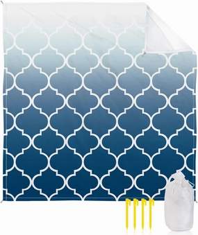 Beach Blanket Sandproof, Blue Gradient Retro Morocco Pattern Waterproof Beach Mat Lightweight Quick Drying Picnic Blanket Beach Essentials for Travel Camping Hiking 118x108in