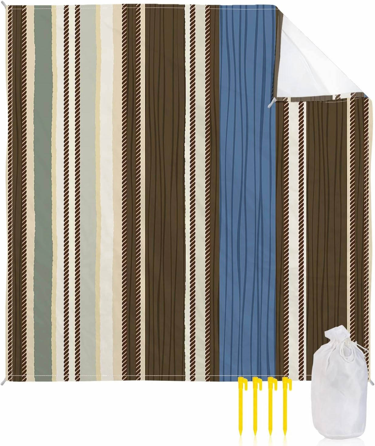 Beach Blanket Sandproof, Boho Style Stripe Naby Blue Vertical Stripe Waterproof Beach Mat Lightweight Quick Drying Picnic Blanket Beach Essentials for Travel Camping Hiking 108x84in