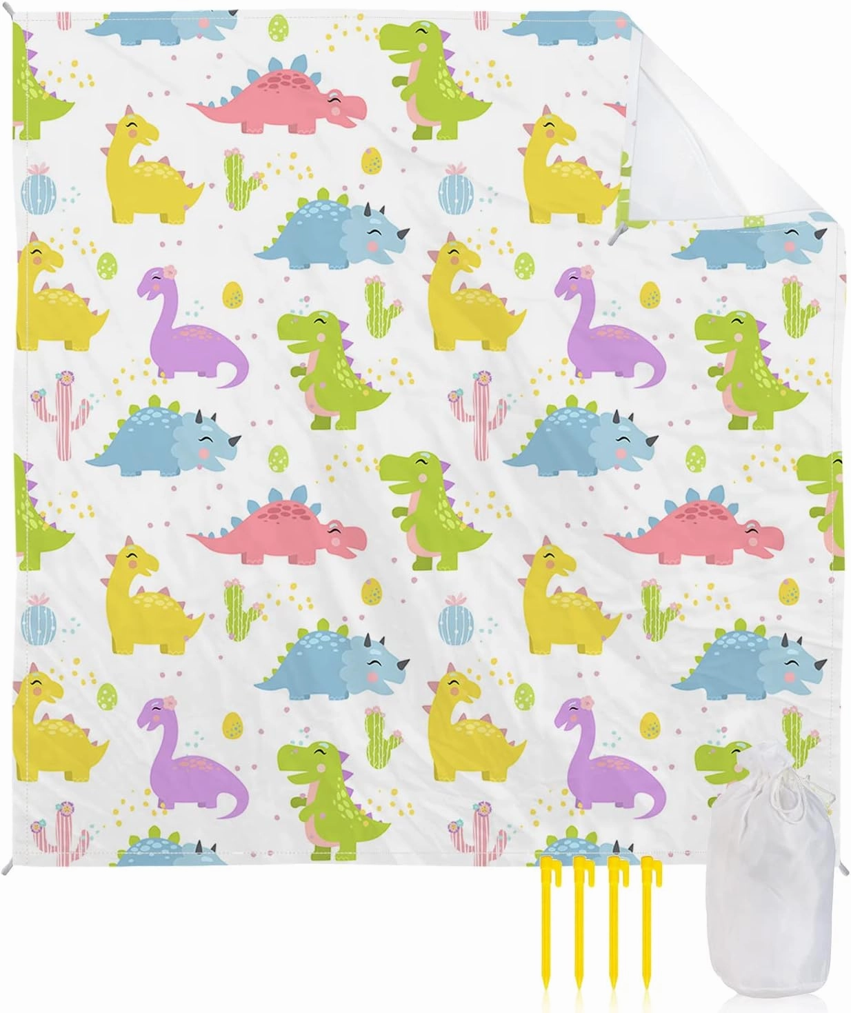 Beach Blanket Sandproof, Cartoon Cute Dinosaur White Waterproof Beach Mat Lightweight Quick Drying Picnic Blanket Beach Essentials for Travel Camping Hiking 108x84in