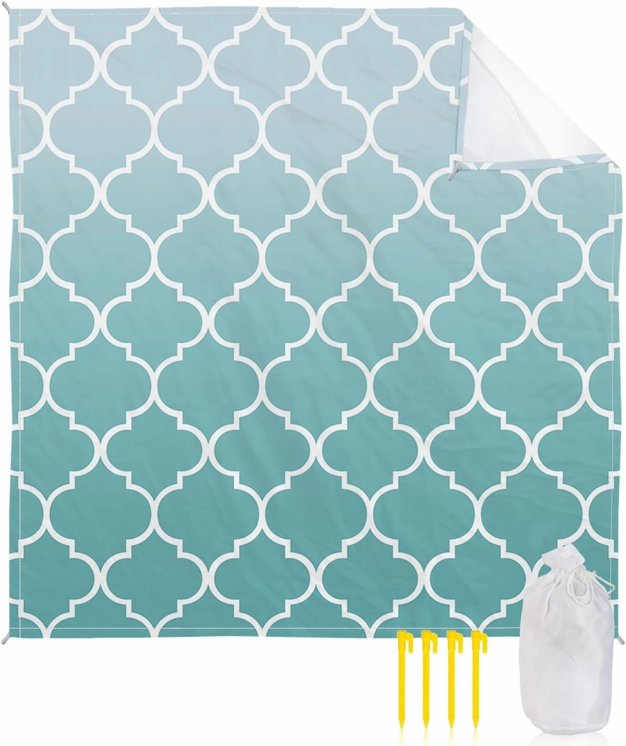 Beach Blanket Sandproof, Cyan Turquoise Gradient Retro Morocco Pattern Waterproof Beach Mat Lightweight Quick Drying Picnic Blanket Beach Essentials for Travel Camping Hiking 118x108in