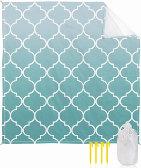 Beach Blanket Sandproof, Cyan Turquoise Gradient Retro Morocco Pattern Waterproof Beach Mat Lightweight Quick Drying Picnic Blanket Beach Essentials for Travel Camping Hiking 118x108in