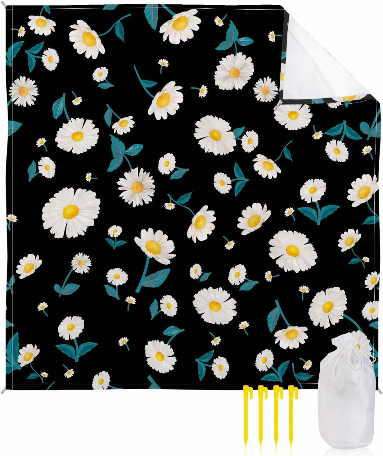 Beach Blanket Sandproof, Floral Daisy in Black Background Waterproof Beach Mat Lightweight Quick Drying Picnic Blanket Beach Essentials for Travel Camping Hiking 118x108in