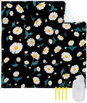 Beach Blanket Sandproof, Floral Daisy in Black Background Waterproof Beach Mat Lightweight Quick Drying Picnic Blanket Beach Essentials for Travel Camping Hiking 118x108in