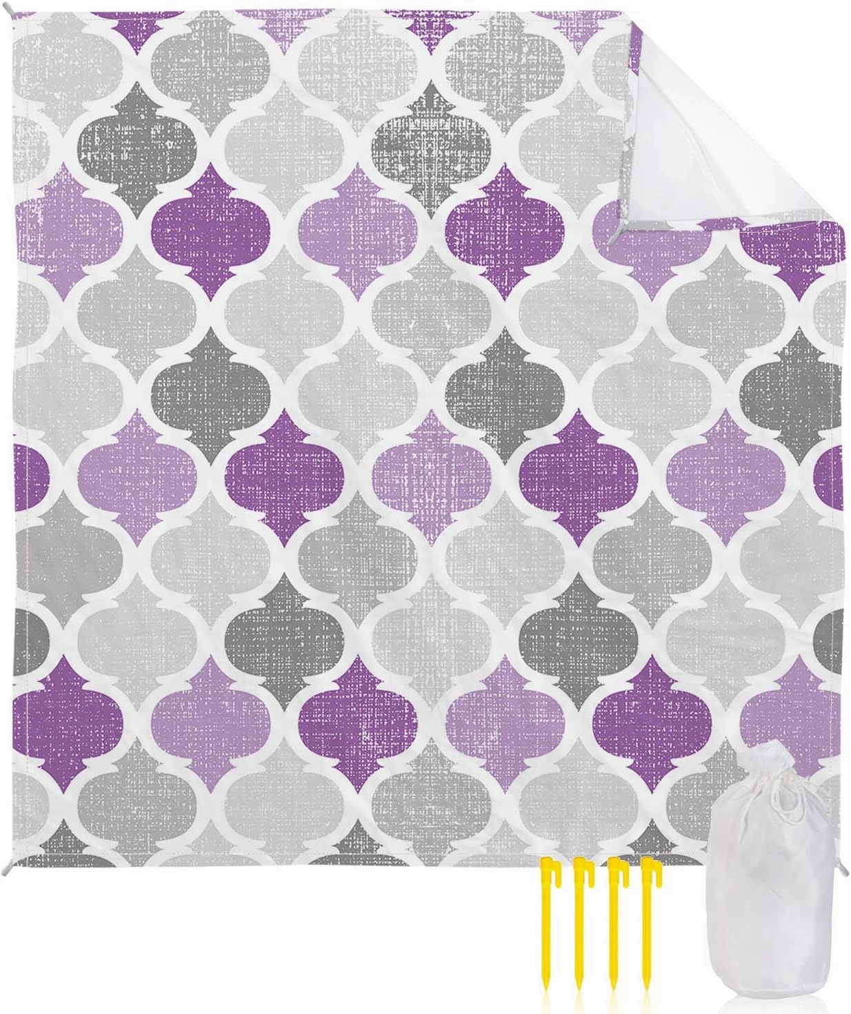Beach Blanket Sandproof, Geometric Morocco Quatrefoil Lattice Purple Grey Waterproof Beach Mat Lightweight Quick Drying Picnic Blanket Beach Essentials for Travel Camping Hiking 108x84in