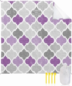 Beach Blanket Sandproof, Geometric Morocco Quatrefoil Lattice Purple Grey Waterproof Beach Mat Lightweight Quick Drying Picnic Blanket Beach Essentials for Travel Camping Hiking 108x84in