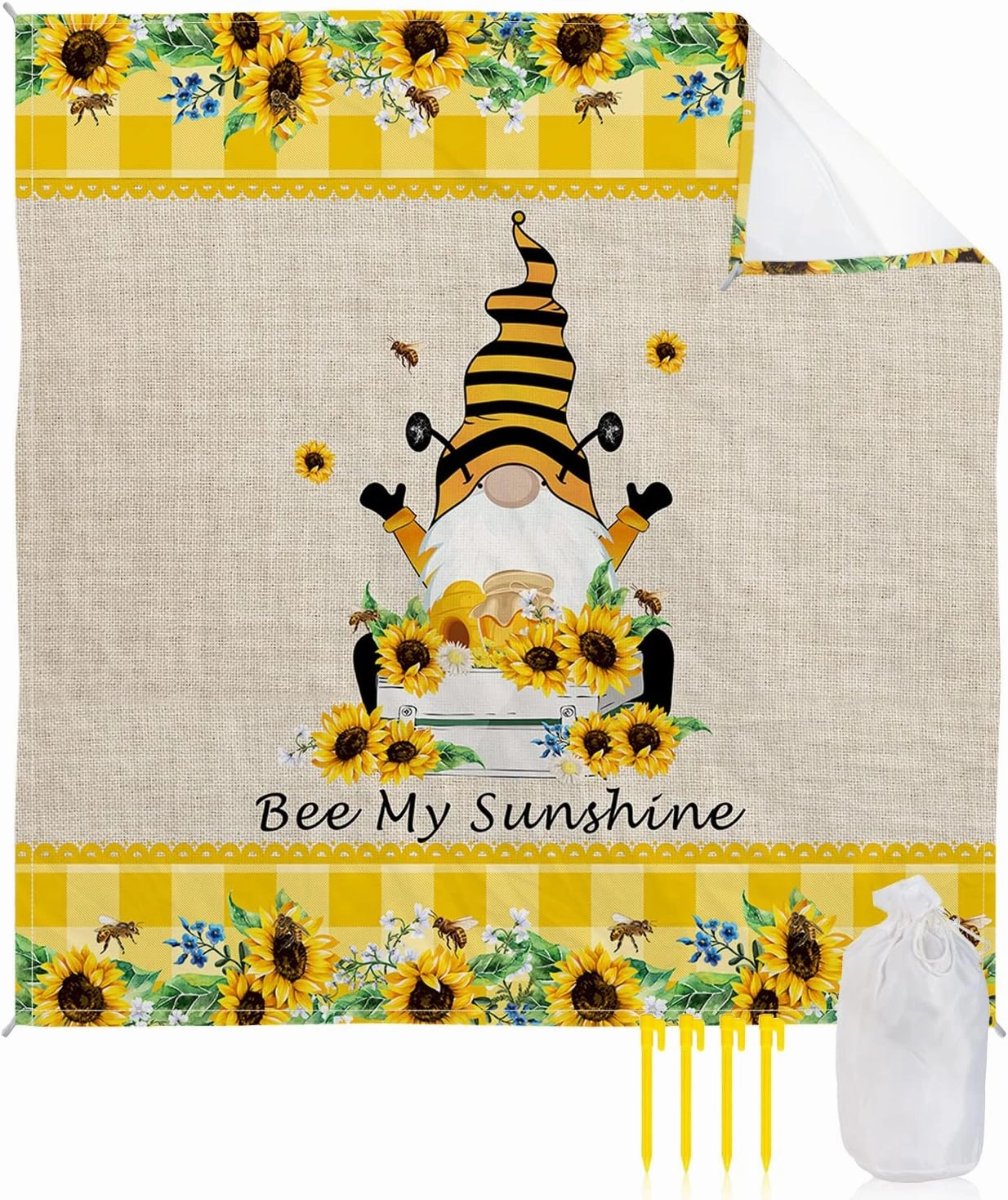 Beach Blanket Sandproof, Gnome Sunflower Plaid Cotton and Linen Texture Waterproof Beach Mat Lightweight Quick Drying Picnic Blanket Beach Essentials for Travel Camping Hiking 118x108in