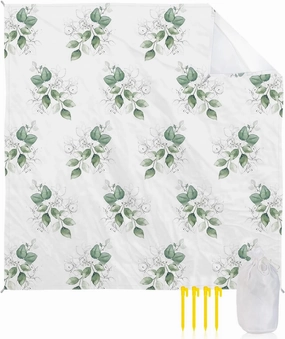 Beach Blanket Sandproof, Green Tree Leaves in White Background Waterproof Beach Mat Lightweight Quick Drying Picnic Blanket Beach Essentials for Travel Camping Hiking 83x79in