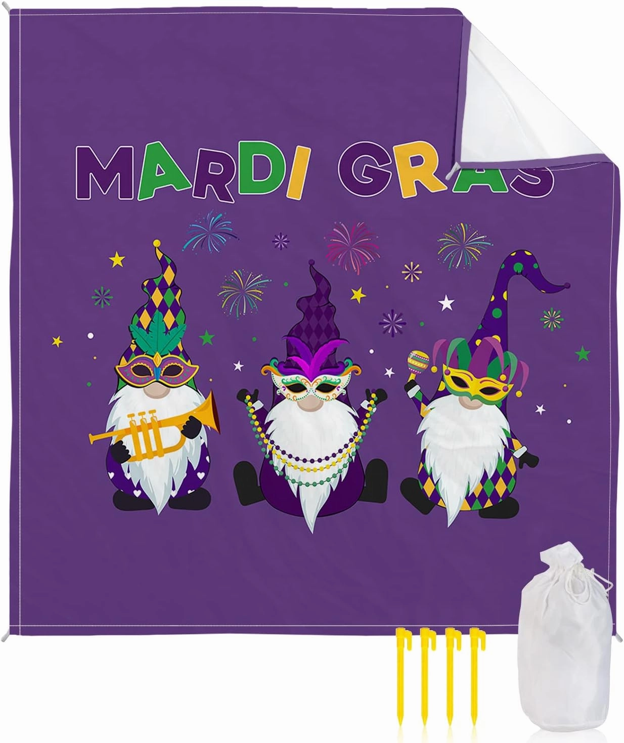 Beach Blanket Sandproof, Happy Carnival Gnomes Dark Purple Pattern Waterproof Beach Mat Lightweight Quick Drying Picnic Blanket Beach Essentials for Travel Camping Hiking 83x79in