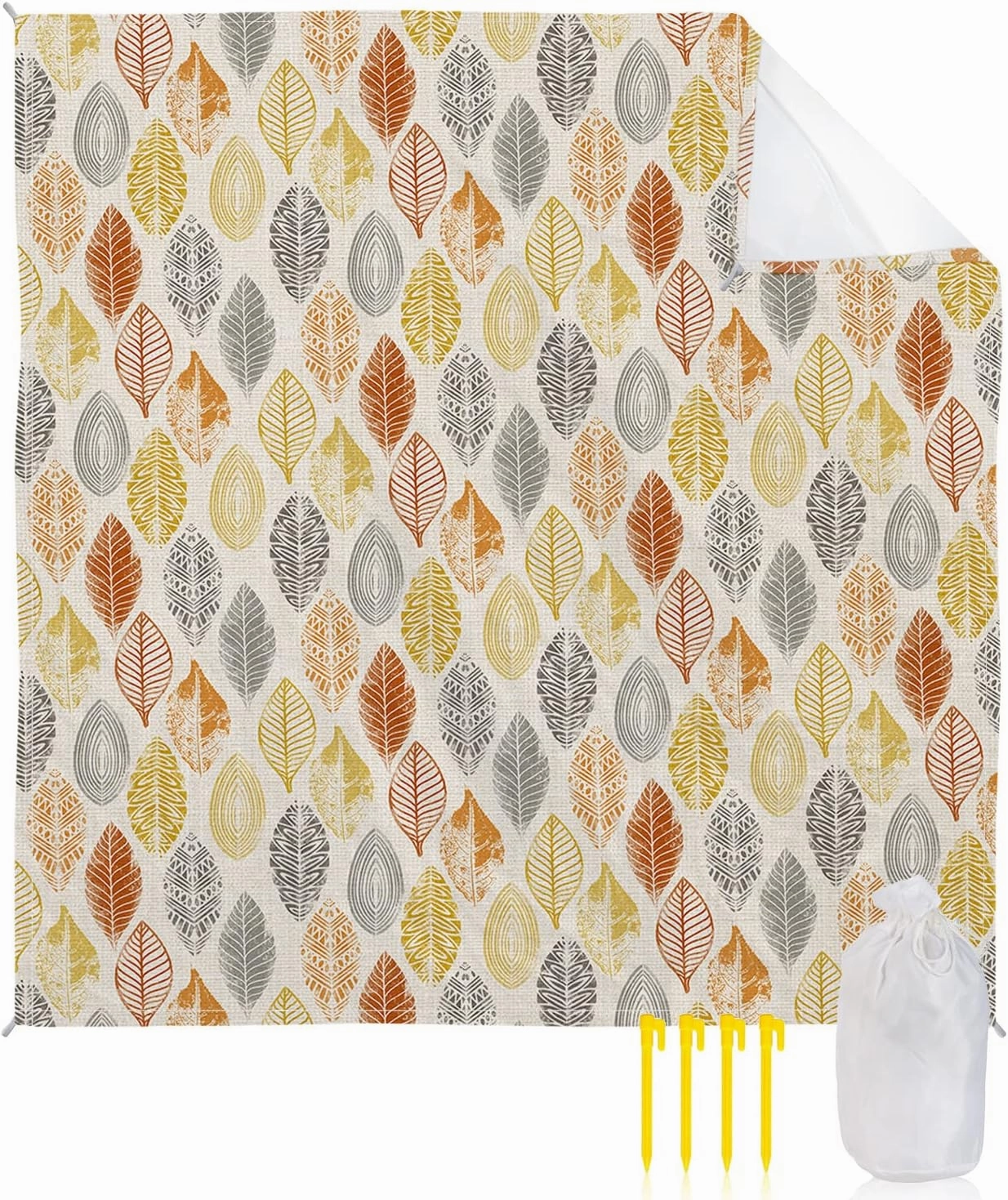 Beach Blanket Sandproof, Leaves Specimens Grey Yellow Orange Burlap Background Waterproof Beach Mat Lightweight Quick Drying Picnic Blanket Beach Essentials for Travel Camping Hiking 95x80in