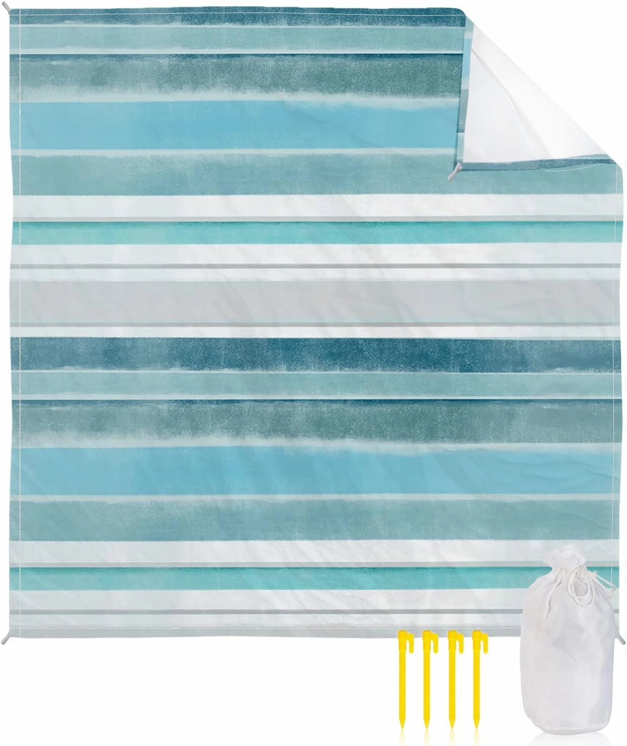 Beach Blanket Sandproof, Northern Europe Turquoise Vintage Stripes Waterproof Beach Mat Lightweight Quick Drying Picnic Blanket Beach Essentials for Travel Camping Hiking 118x108in