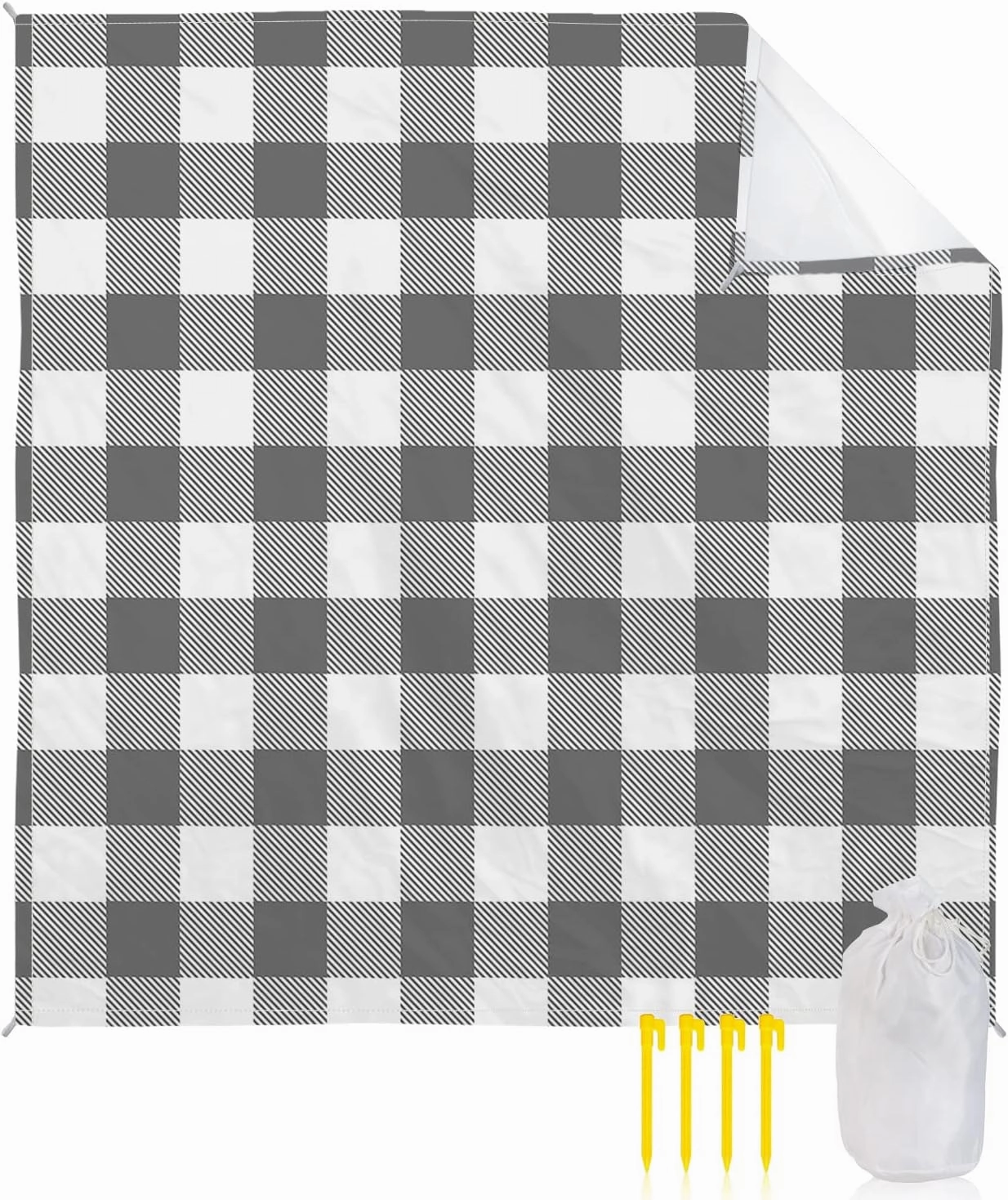 Beach Blanket Sandproof, Pastoral Style Grey White Lattice Waterproof Beach Mat Lightweight Quick Drying Picnic Blanket Beach Essentials for Travel Camping Hiking 95x80in