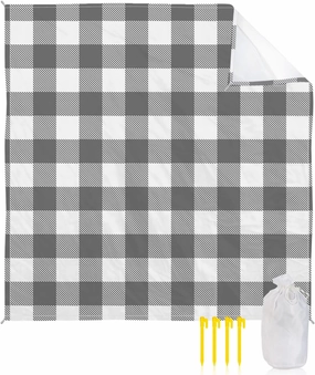 Beach Blanket Sandproof, Pastoral Style Grey White Lattice Waterproof Beach Mat Lightweight Quick Drying Picnic Blanket Beach Essentials for Travel Camping Hiking 95x80in